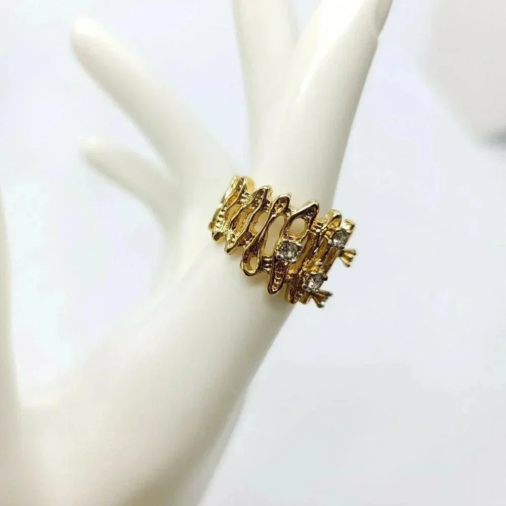 Clear Glass Rhinestone 18KT HGE Gold Electroplate NOS Vintage Ring Size 7
